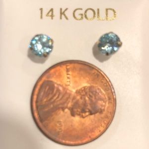 14k Solid Gold Blue Topaz CZ Earrings